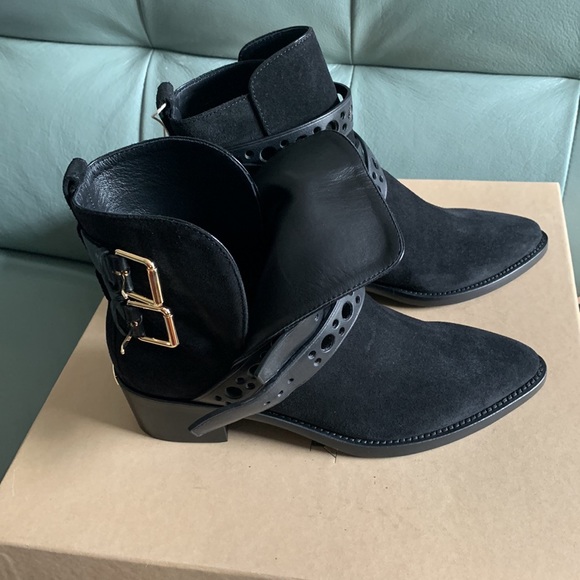BURBERRY Black Suede Metal Logo Ankle Boots - Picture 11 of 15